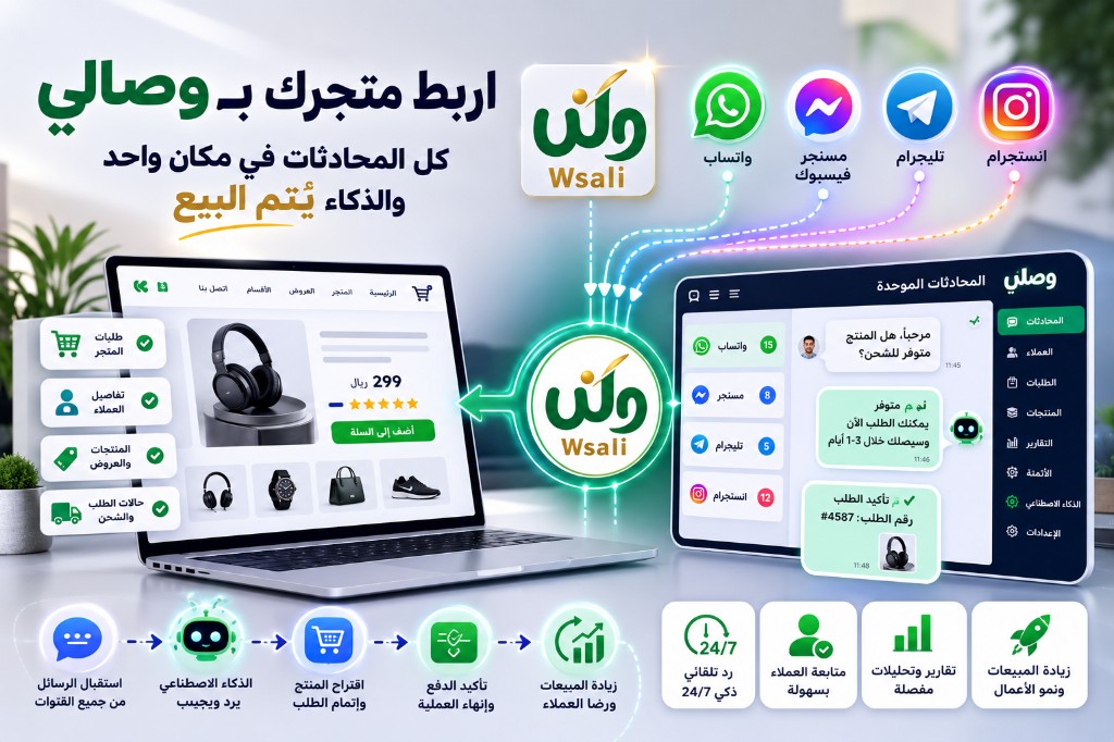 ربط إنشاء متجر إلكتروني بمنصة وصلي للمبيعات من المحادثات