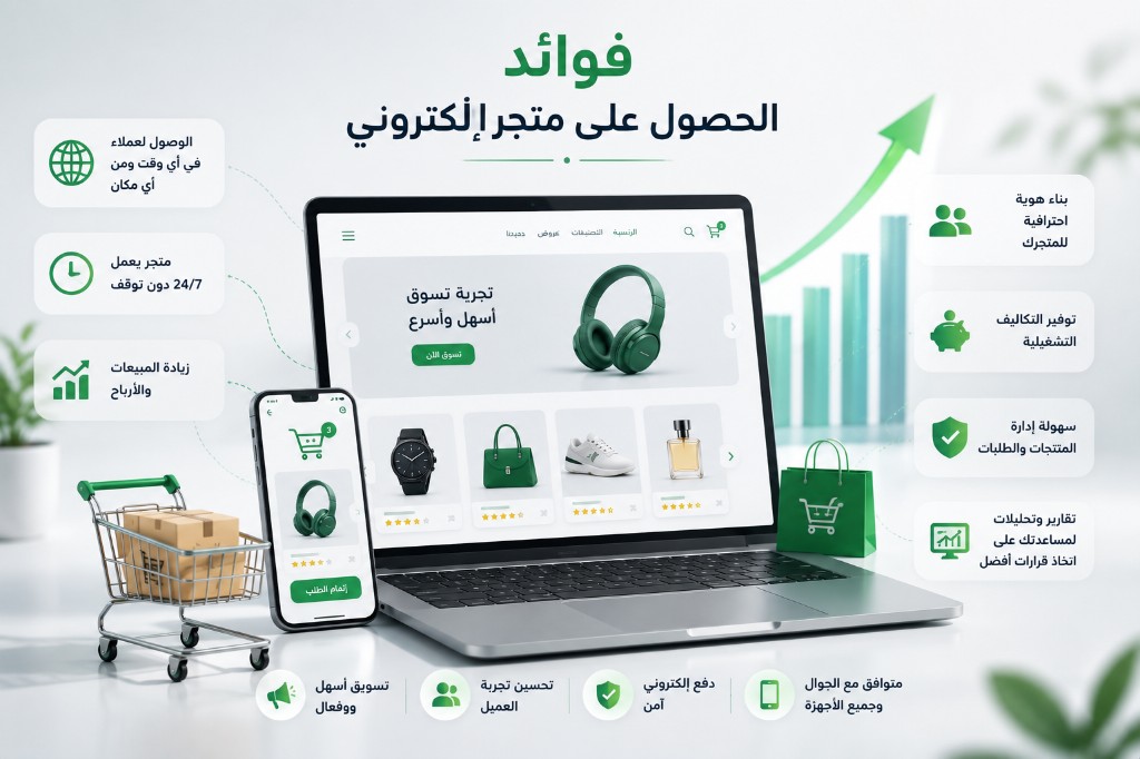 فوائد الحصول على متجر إلكتروني: وصول عالمي، عمل 24/7، زيادة المبيعات، هوية احترافية، توفير التكاليف، إدارة سهلة، وتقارير وتحليلات