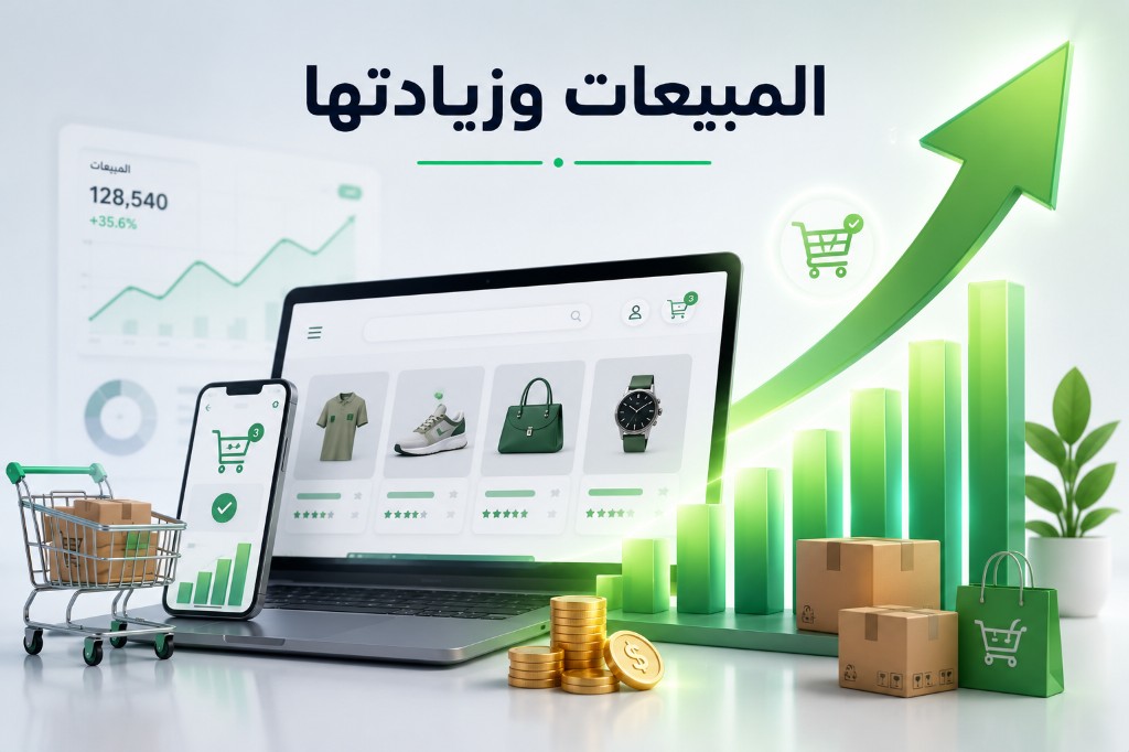 المبيعات وزيادتها في المتجر الإلكتروني: لوحة نمو، طلبات ناجحة، وتسويق عملي يرفع الأرباح