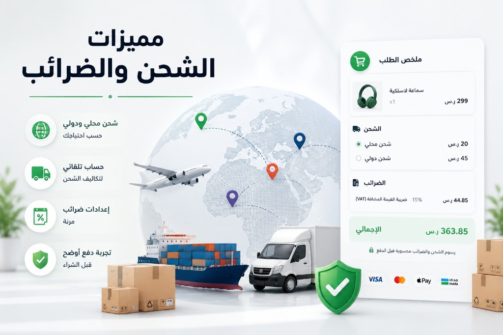 مميزات الشحن والضرائب: شحن محلي ودولي، حساب تلقائي للتكاليف، إعدادات ضرائب مرنة، وتجربة دفع أوضح قبل الشراء
