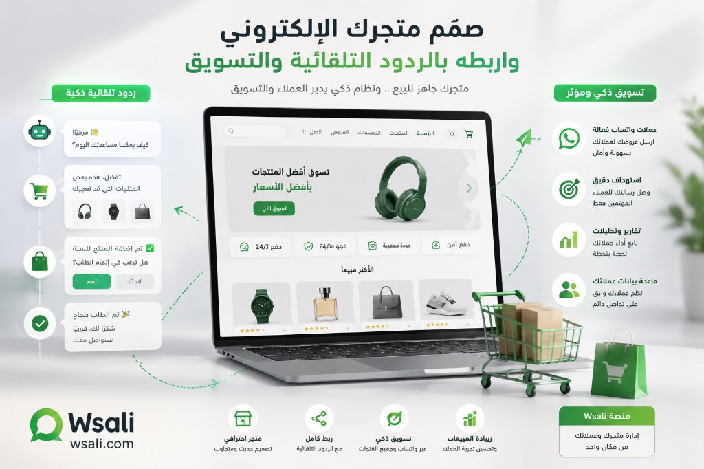 صمّم متجرك الإلكتروني واربطه بالردود التلقائية والتسويق — متجر احترافي، تكامل كامل، تسويق ذكي، وزيادة المبيعات